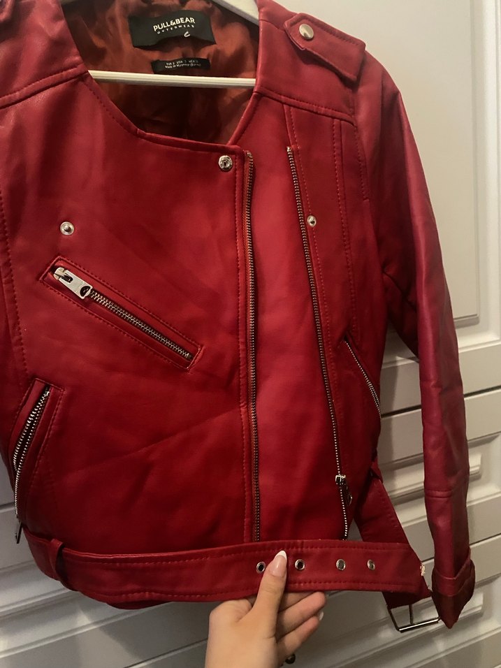 Kadın Kırmızı Deri Ceket - Görsel 3