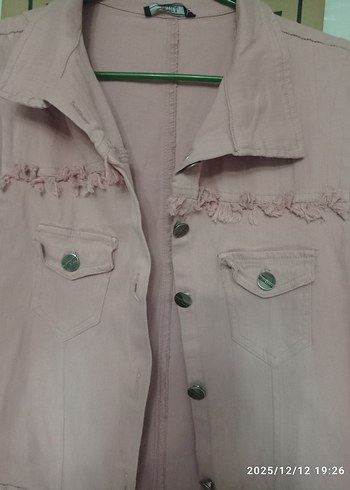 Pembe Uzun Kolsuz Kot Ceket - Görsel 2