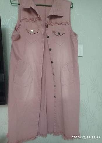 Pembe Uzun Kolsuz Kot Ceket - Görsel 4