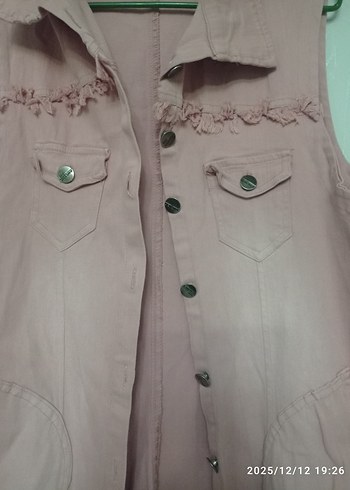 Pembe Uzun Kolsuz Kot Ceket - Görsel 3