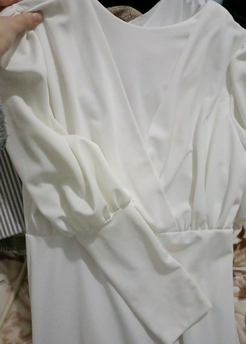 Beyaz V Yaka Drapeli Hamile Midi Elbise - Görsel 2