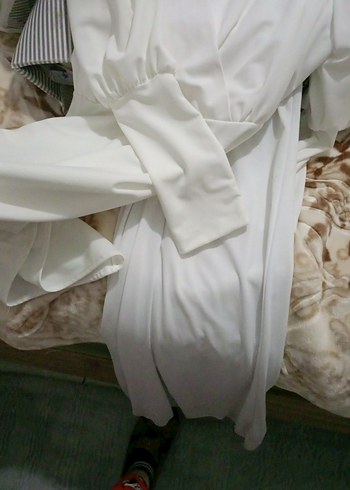 Beyaz V Yaka Drapeli Hamile Midi Elbise - Görsel 3