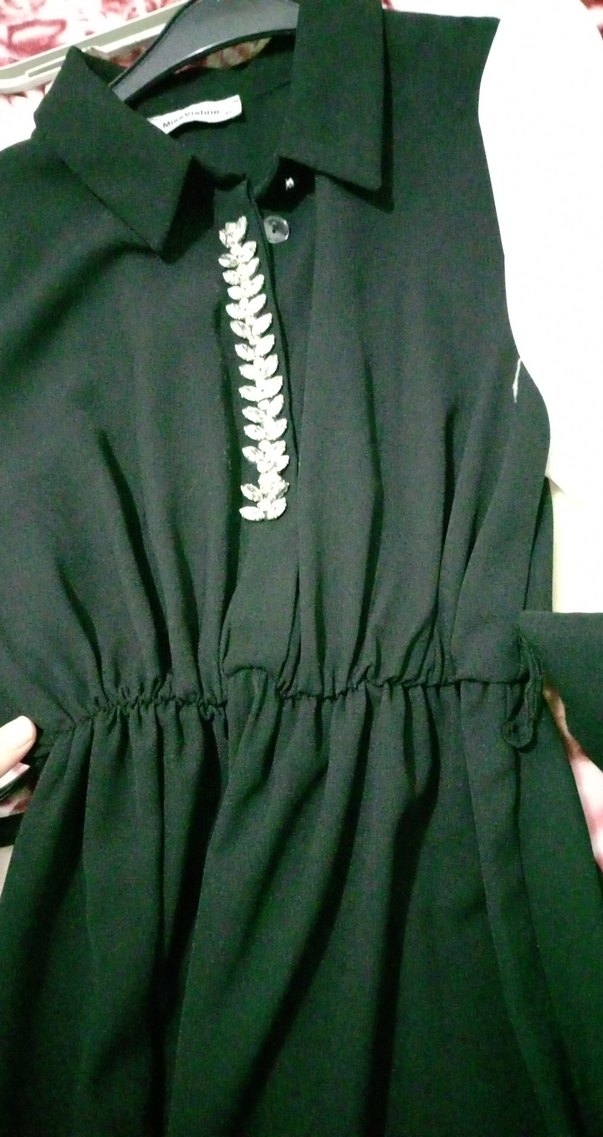 Düğmeli Siyah Beyaz Uzun Kollu Kadın Elbise - Görsel 3