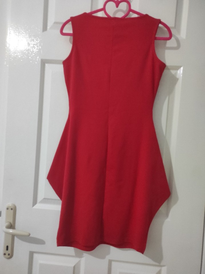 Kırmızı V Yaka Midi Kolsuz Elbise - Görsel 3