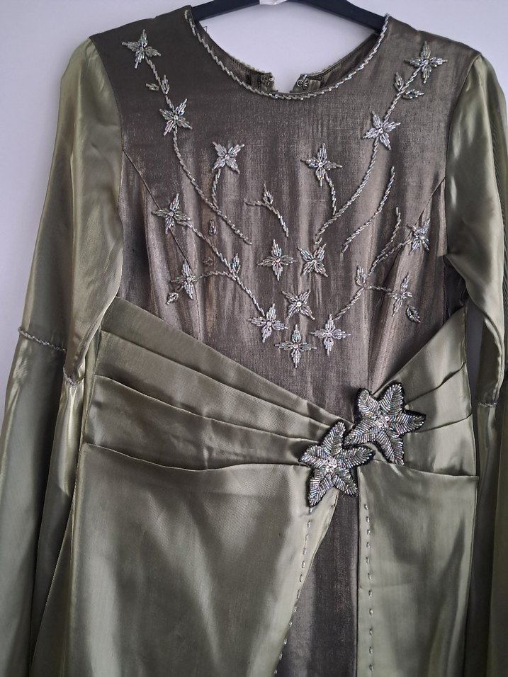 Uzun kına yeşili Kadın Abiye Elbise - Görsel 2