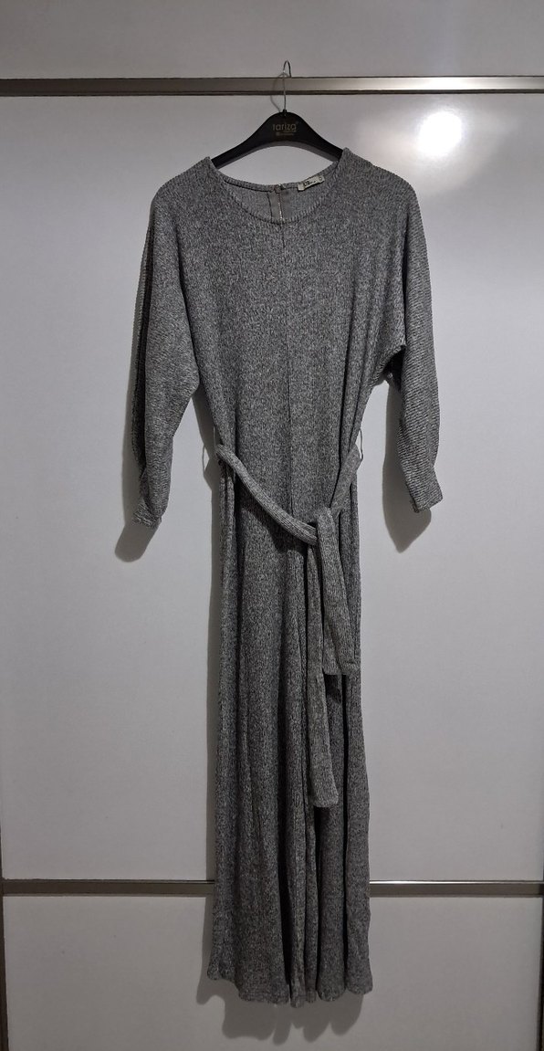 Gri Kemerli Kadın Triko Tulum - Görsel 2