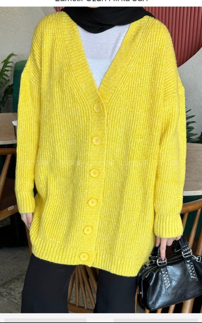 Sarı Oversize Midi Kadın Hırka - Görsel 2