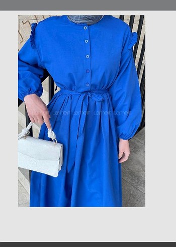 Mavi Pamuklu Uzun Kollu Salaş Elbise - Görsel 2