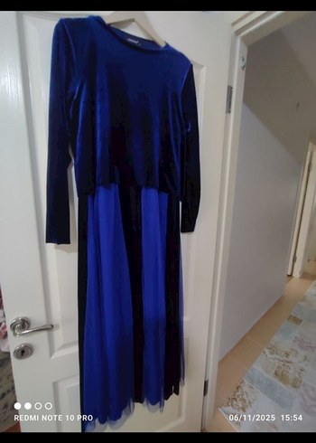 Uzun Kollu Lacivert Drapeli Kadın Elbise - Görsel 3