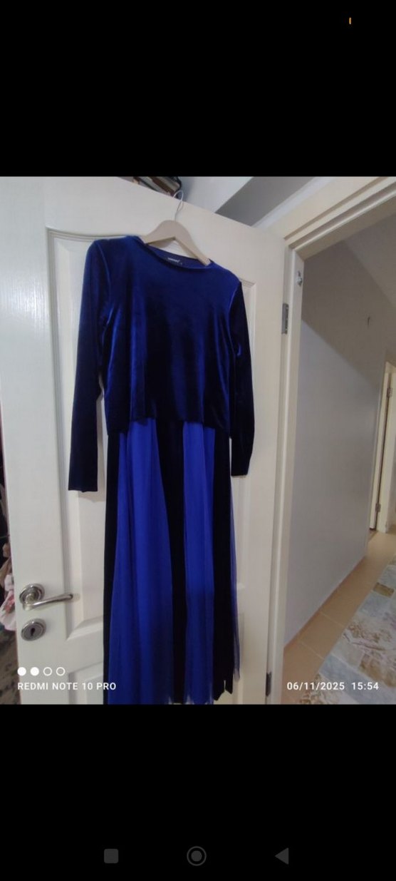 Uzun Kollu Lacivert Drapeli Kadın Elbise - Görsel 2