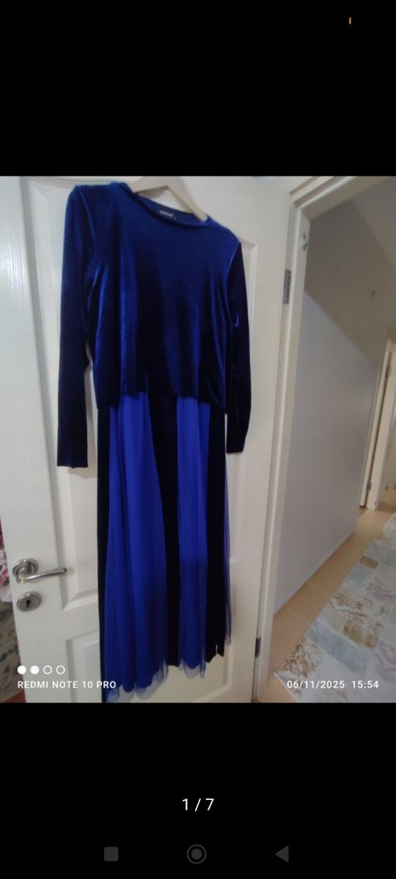 Uzun Kollu Lacivert Drapeli Kadın Elbise - Görsel 3