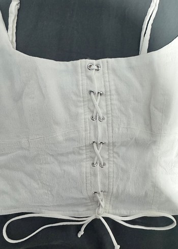 Beyaz Kemerli Keten Bustiyer - Görsel 2