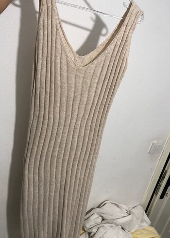 Bej V Yaka Uzun Triko Kadın Elbise - Görsel 3