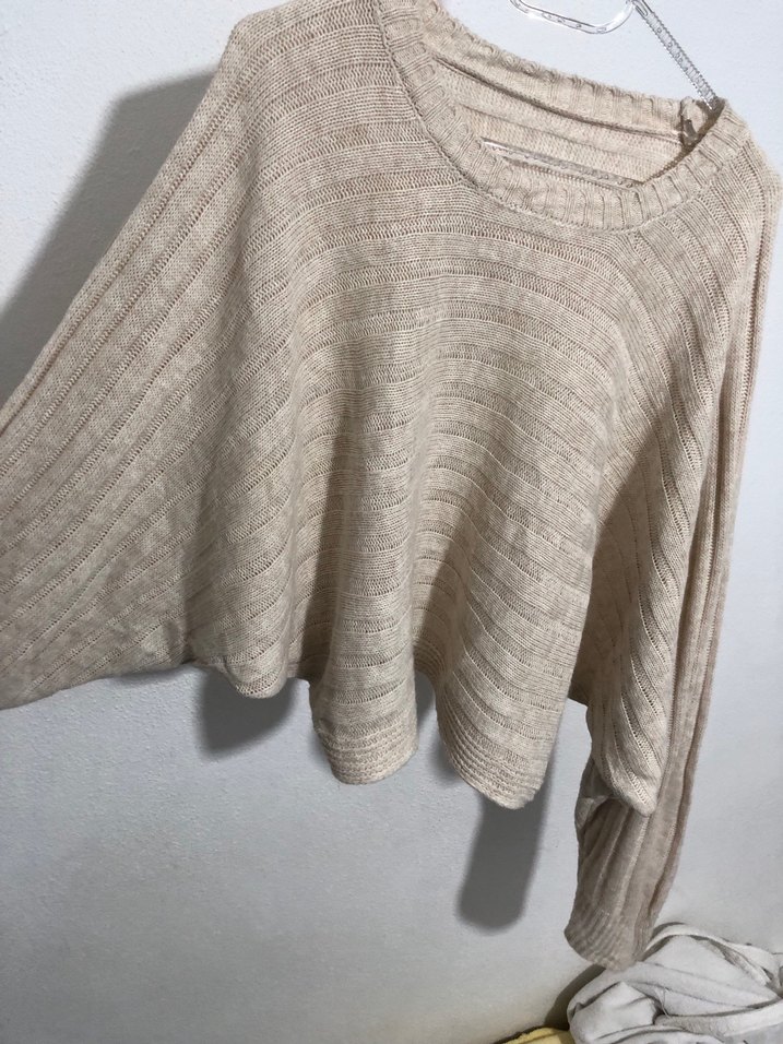 Bej V Yaka Uzun Triko Kadın Elbise - Görsel 2