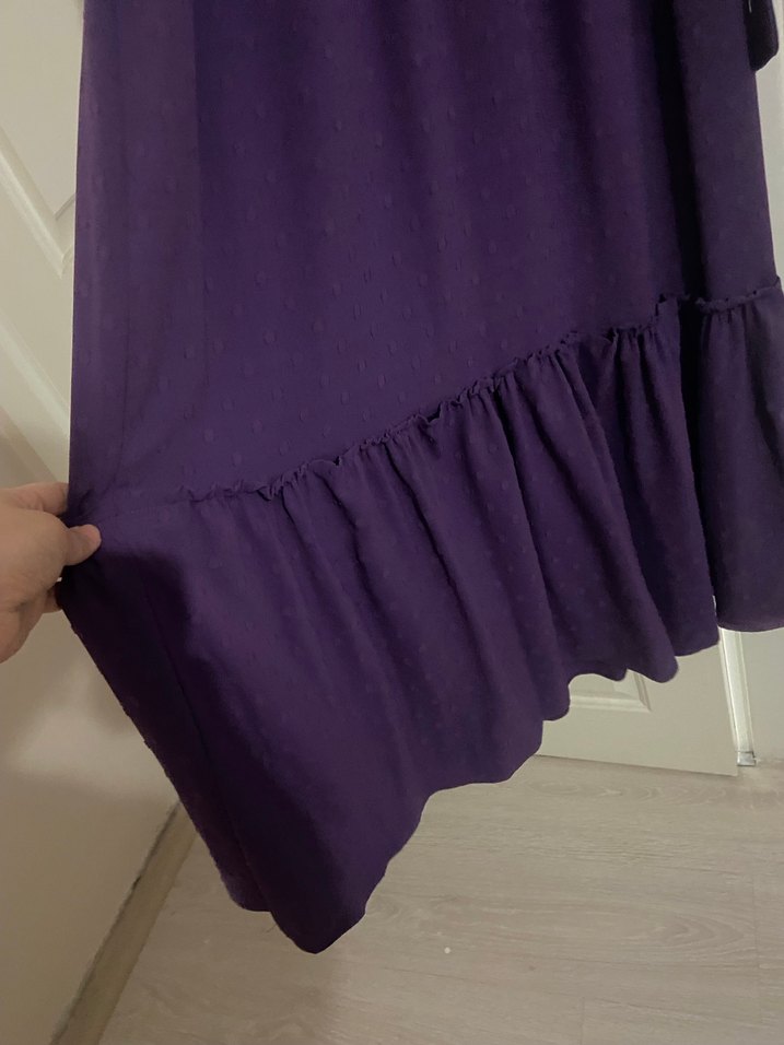 Koyu Mor Fırfırlı Uzun Kadın Elbise - Görsel 2