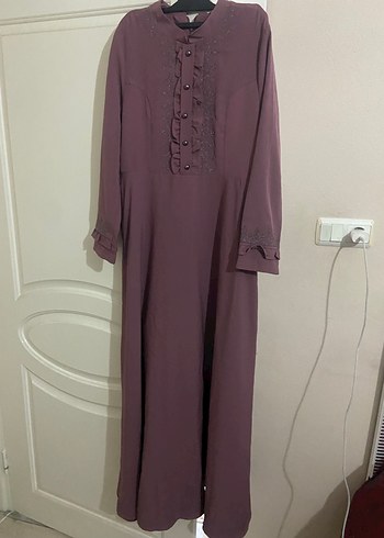 Mor Nakışlı, Fırfırlı Uzun Kollu Elbise - Görsel 4