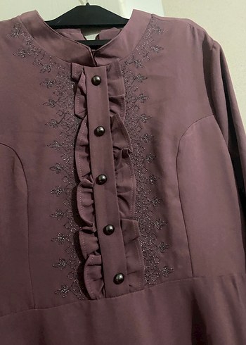 Mor Nakışlı, Fırfırlı Uzun Kollu Elbise - Görsel 2