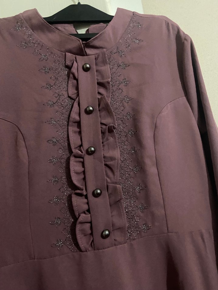 Mor Nakışlı, Fırfırlı Uzun Kollu Elbise - Görsel 2