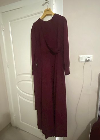 Bordo Drapeli Uzun Kollu Uzun Elbise - Görsel 5