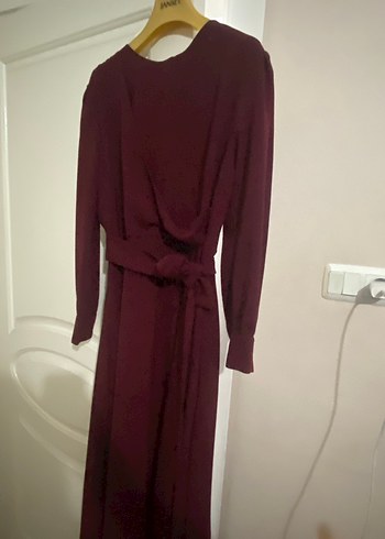 Bordo Drapeli Uzun Kollu Uzun Elbise - Görsel 4