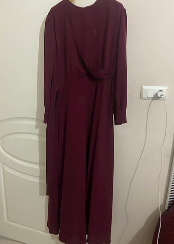 Bordo Drapeli Uzun Kollu Uzun Elbise - Görsel 6
