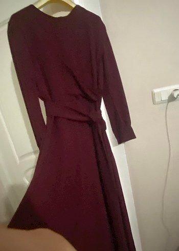 Bordo Drapeli Uzun Kollu Uzun Elbise - Görsel 2