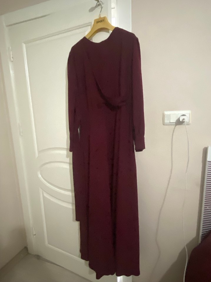 Bordo Drapeli Uzun Kollu Uzun Elbise - Görsel 5