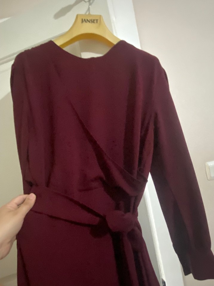 Bordo Drapeli Uzun Kollu Uzun Elbise - Görsel 3