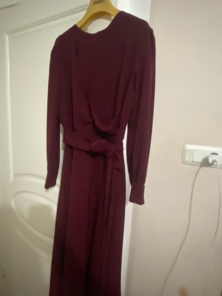 Bordo Drapeli Uzun Kollu Uzun Elbise - Görsel 4