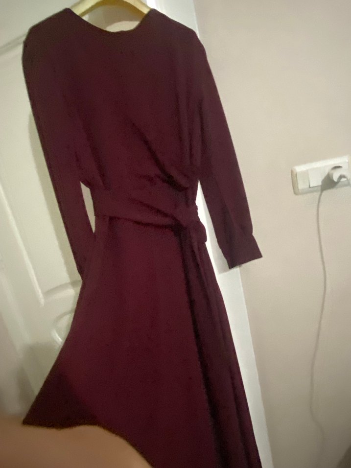 Bordo Drapeli Uzun Kollu Uzun Elbise - Görsel 2