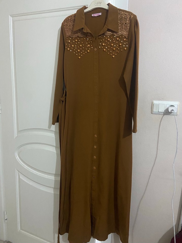 Düğmeli Bohem Uzun Kollu Hardal Rengi Elbise - Görsel 3