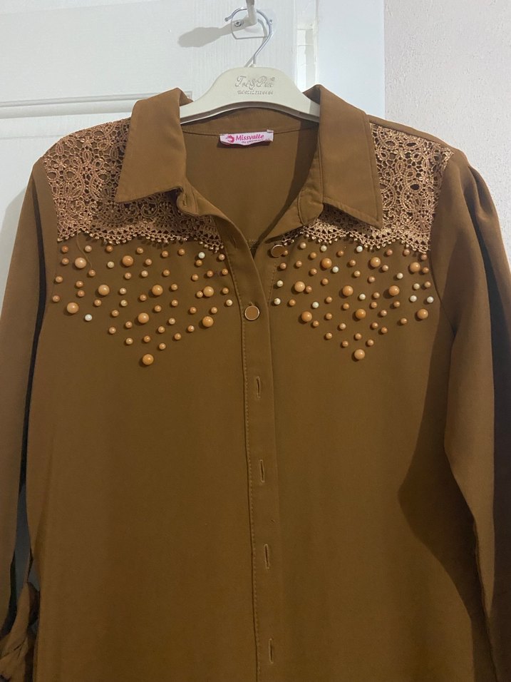 Düğmeli Bohem Uzun Kollu Hardal Rengi Elbise - Görsel 2