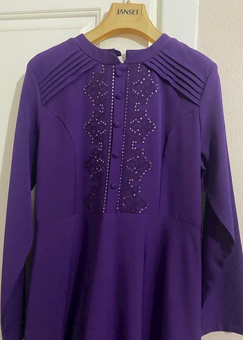 Düğmeli Mor Uzun Kadın Elbise - Görsel 3