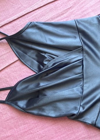 V Yakalı Drapeli Uzun Mavi Abiye Elbise - Görsel 3