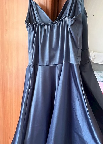 V Yakalı Drapeli Uzun Mavi Abiye Elbise - Görsel 2