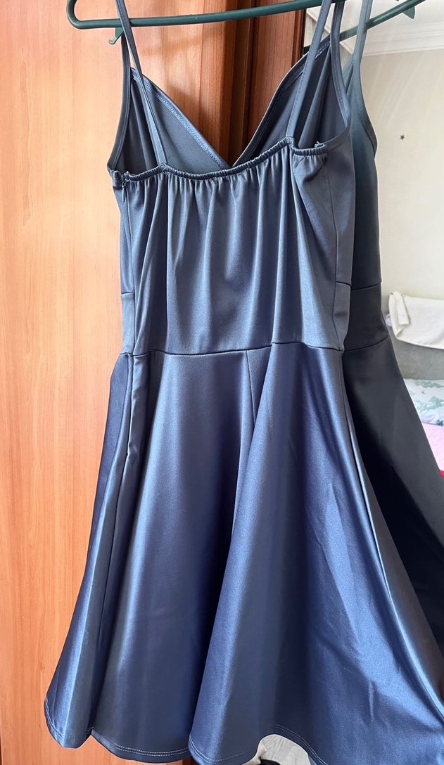 V Yakalı Drapeli Uzun Mavi Abiye Elbise - Görsel 2