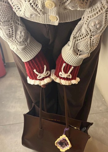 Kırmızı Örgü Bohem Kadın Eldiveni el yapımı - Görsel 2