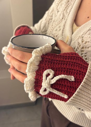 Kırmızı Örgü Bohem Kadın Eldiveni el yapımı - Görsel 3