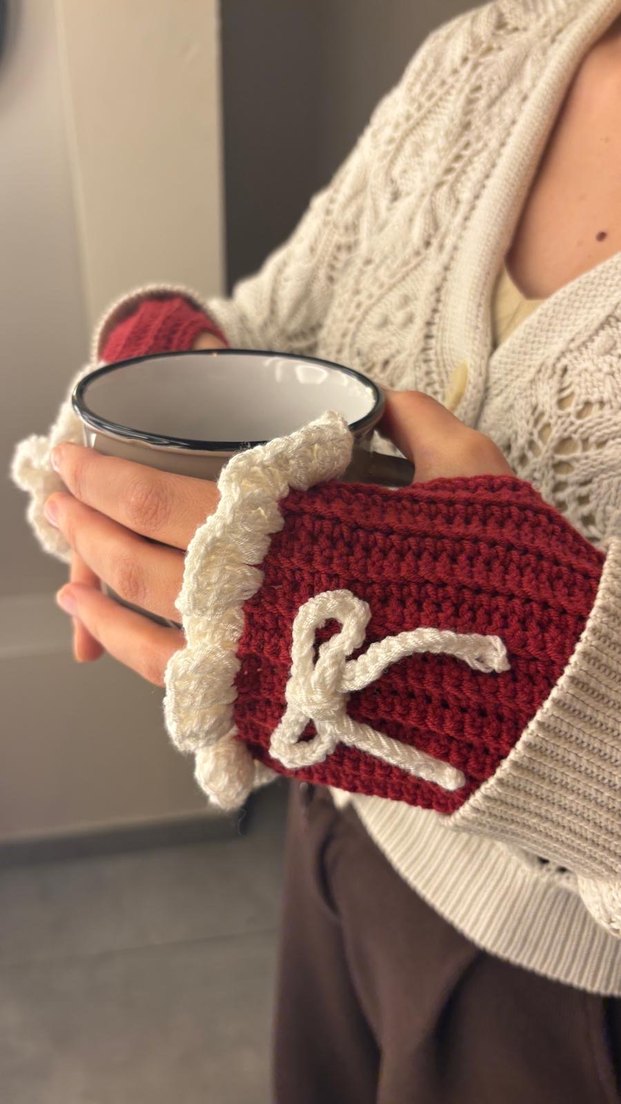 Kırmızı Örgü Bohem Kadın Eldiveni el yapımı - Görsel 3