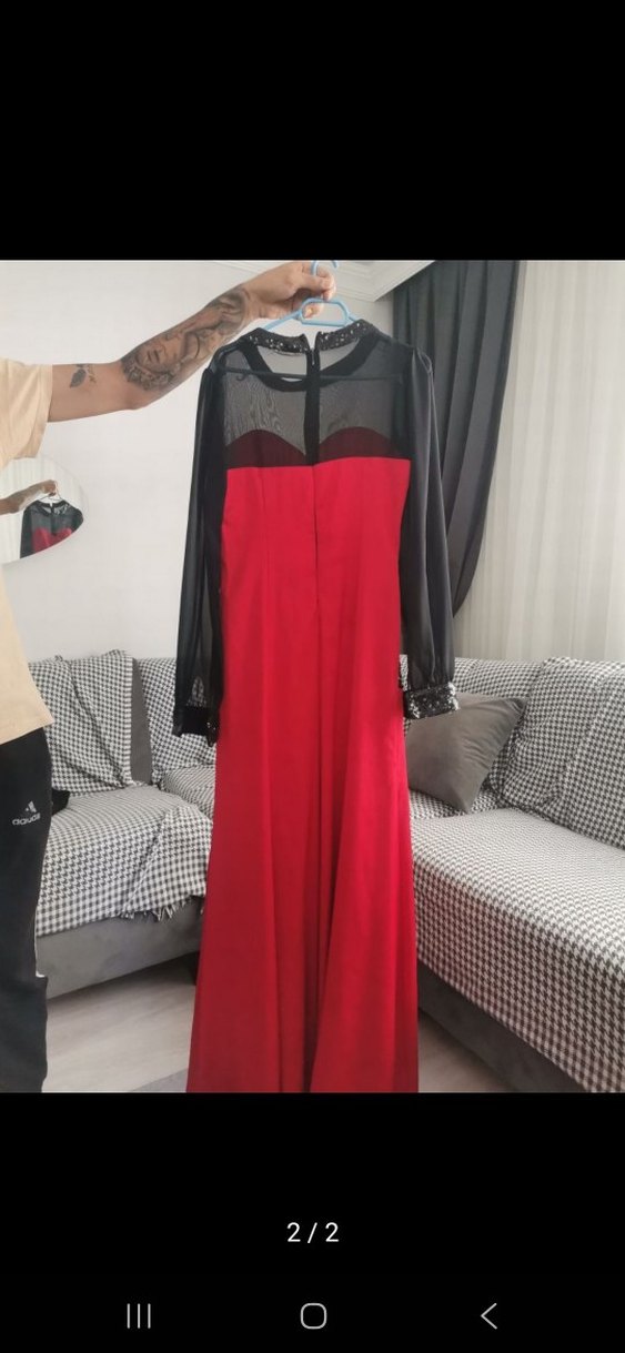 Uzun Kırmızı  Kadın Abiye Elbise - Görsel 2