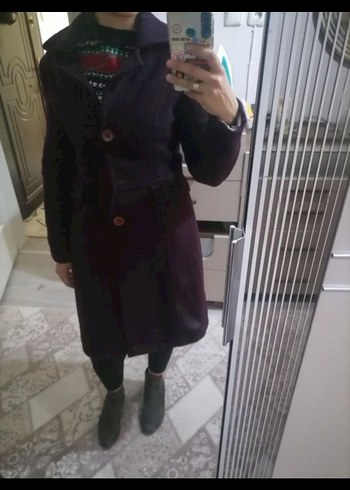 Düğmeli Uzun Mor Kaban - Görsel 2