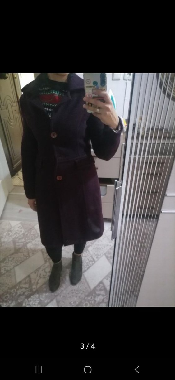 Düğmeli Uzun Mor Kaban - Görsel 2