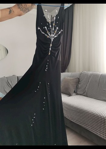 Siyah V Yakalı Uzun Drapeli Abiye Elbise - Görsel 4