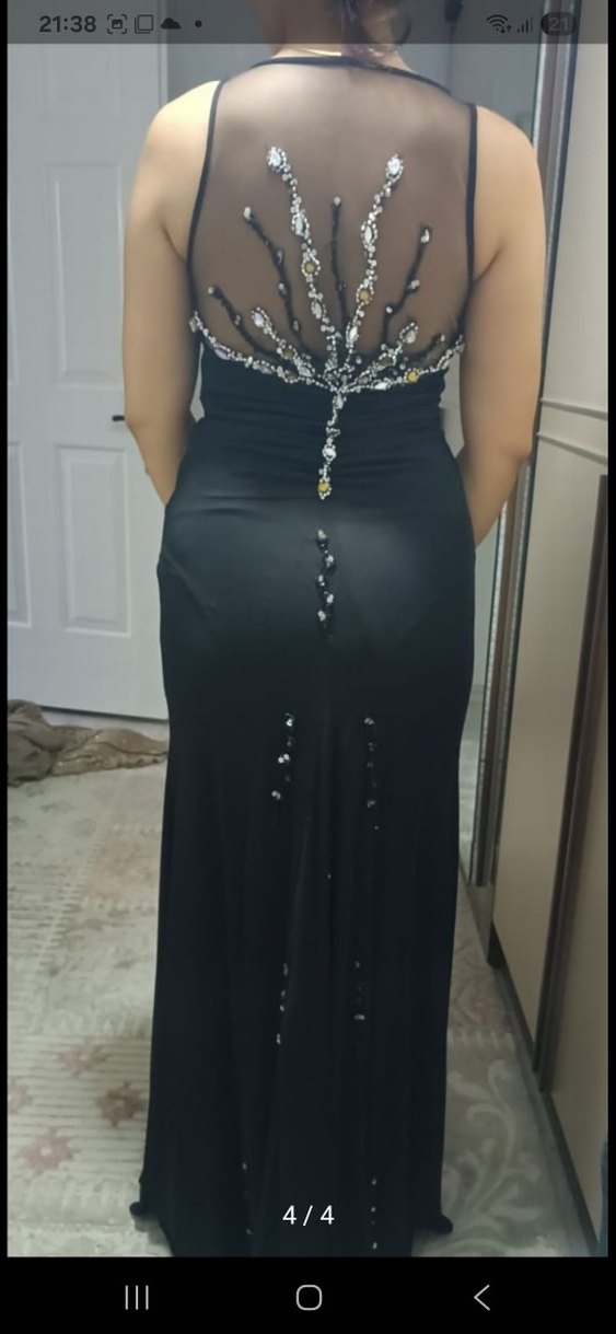 Siyah V Yakalı Uzun Drapeli Abiye Elbise - Görsel 2