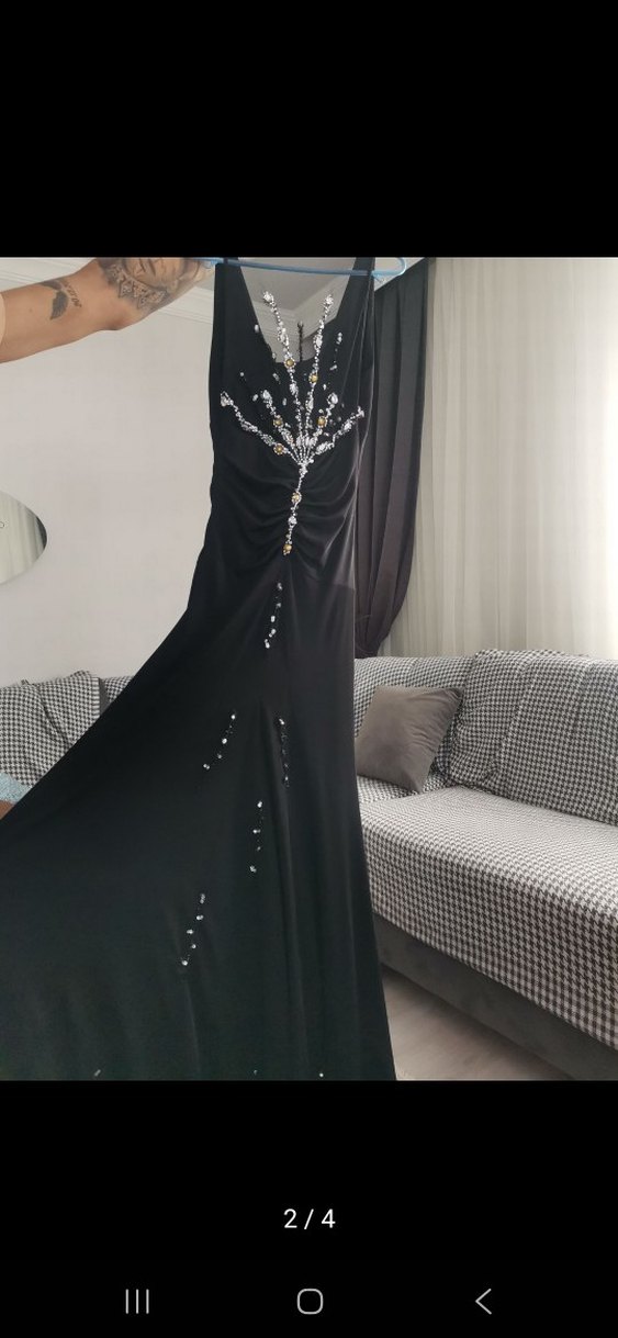 Siyah V Yakalı Uzun Drapeli Abiye Elbise - Görsel 4