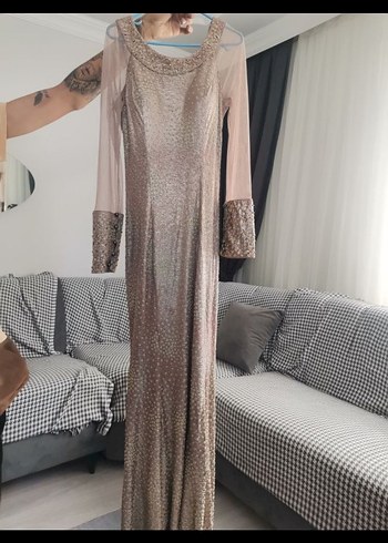 Bej  Desenli Uzun Abiye Elbise - Görsel 3