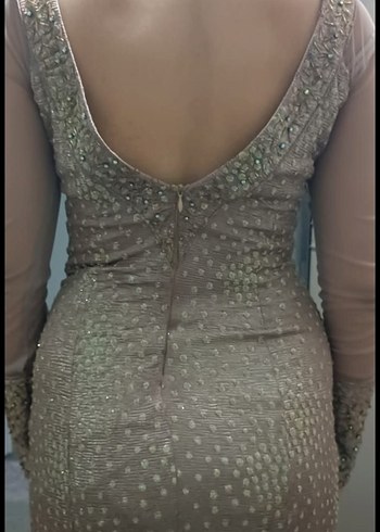 Bej  Desenli Uzun Abiye Elbise - Görsel 2