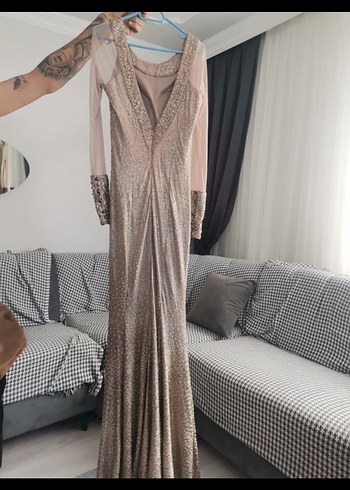 Bej  Desenli Uzun Abiye Elbise - Görsel 4