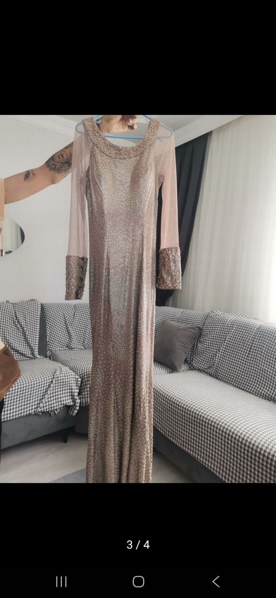 Bej  Desenli Uzun Abiye Elbise - Görsel 3