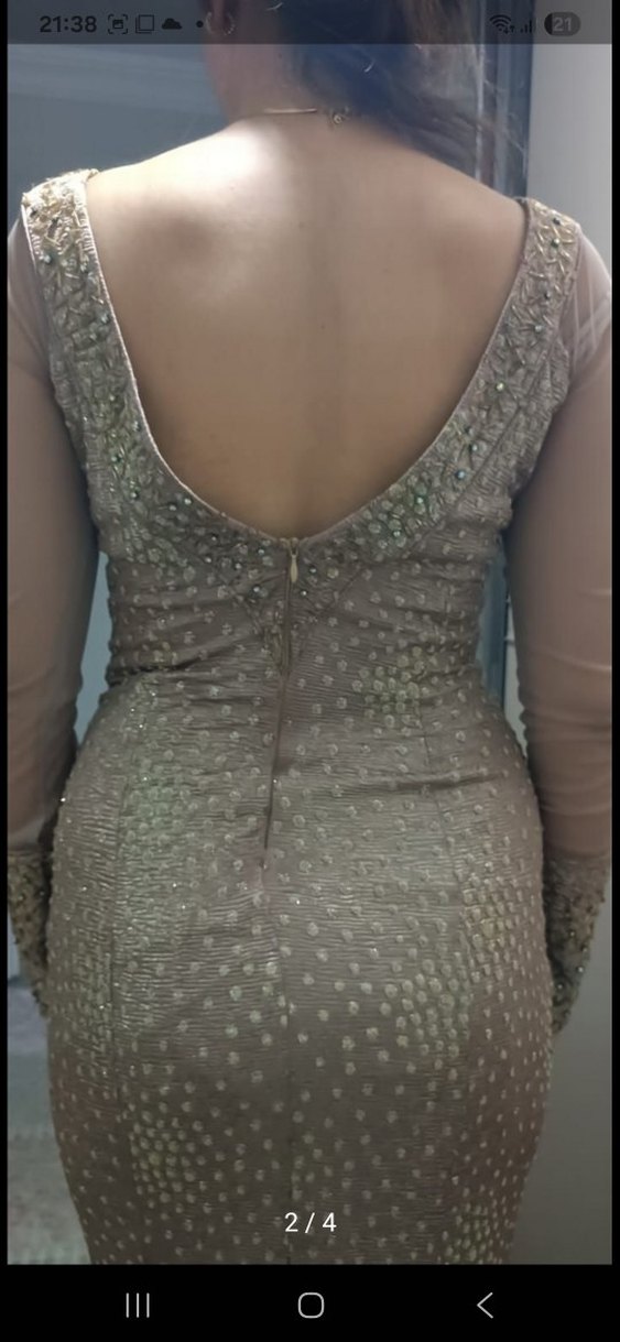 Bej  Desenli Uzun Abiye Elbise - Görsel 2